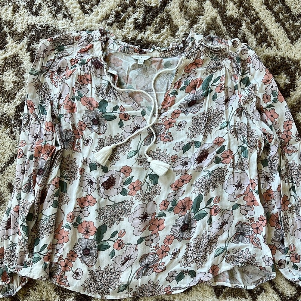 Lucky Brand Floral Peasant Blouse - Pink, Green, Cream